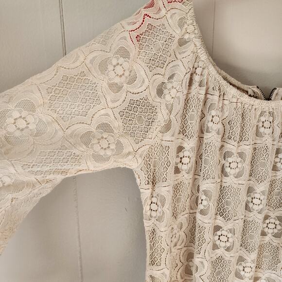 Boho Lace Neutral Western Judith March Bell Sleeve Mini Dress Medium - Picture 3 of 10